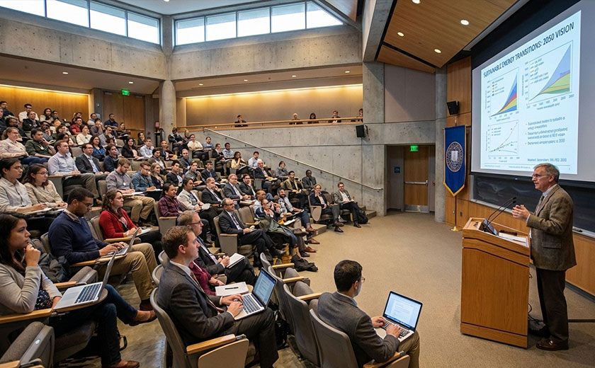 Academic symposium with presenter at podium in university-style auditorium
