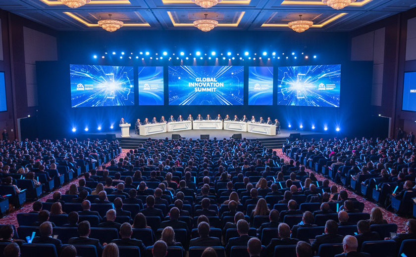International congress main hall with large LED screens and full audience