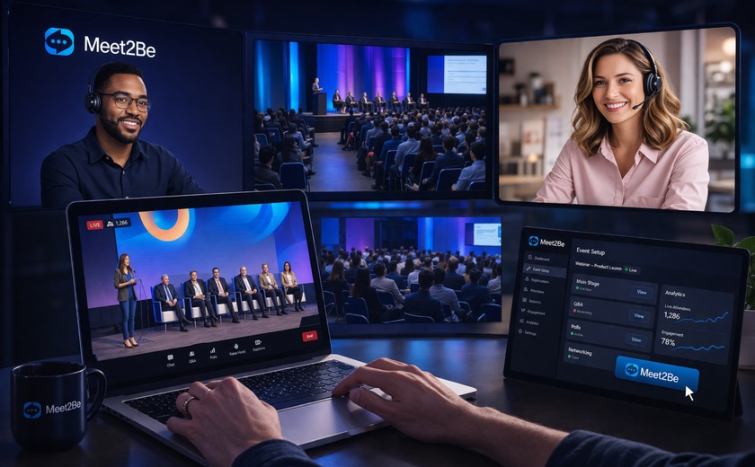 Hybrid event setup with physical stage and digital screens combined